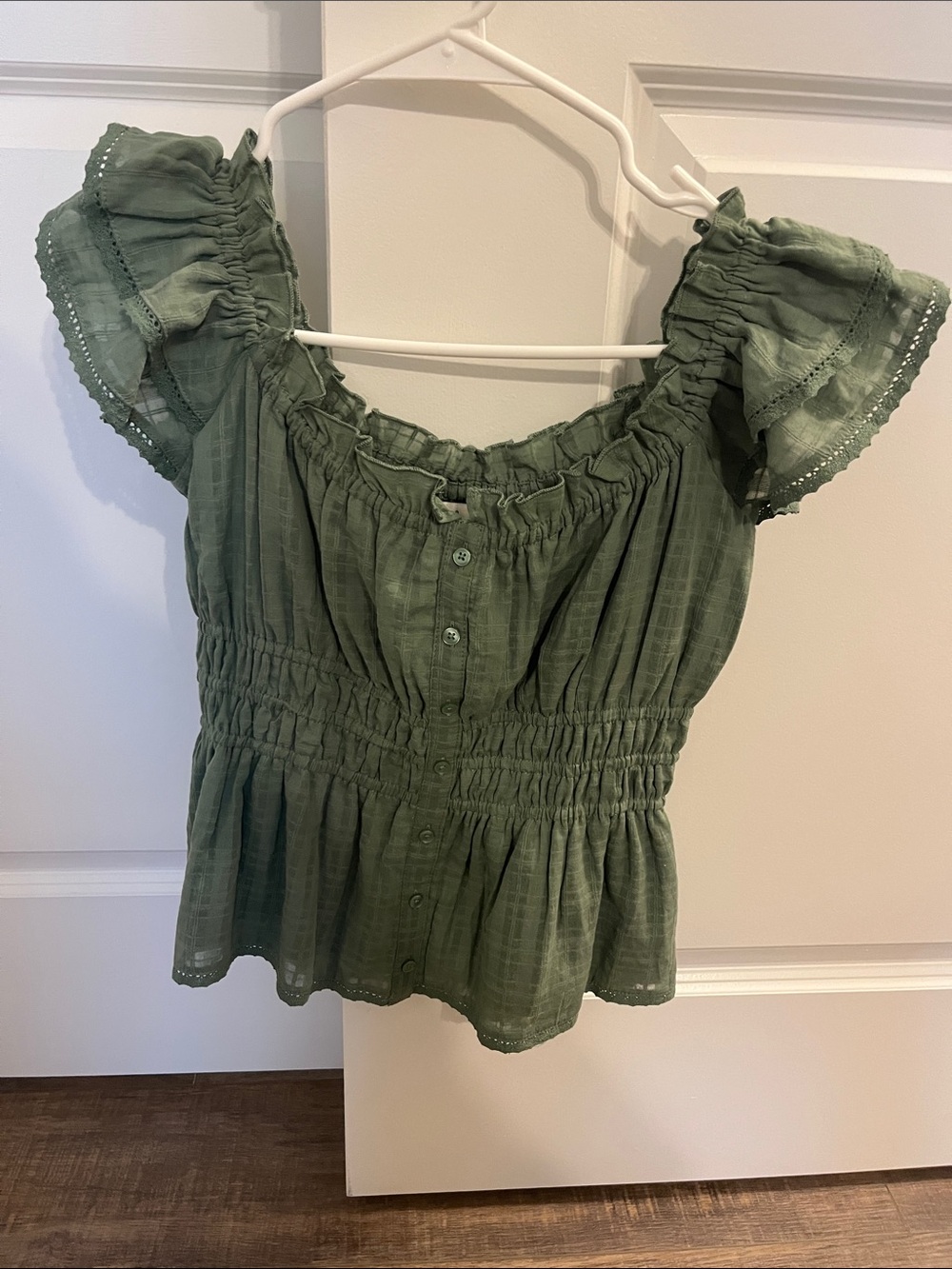 Francesca's Collections Olive Green Smocked Peplum Button-Front Top